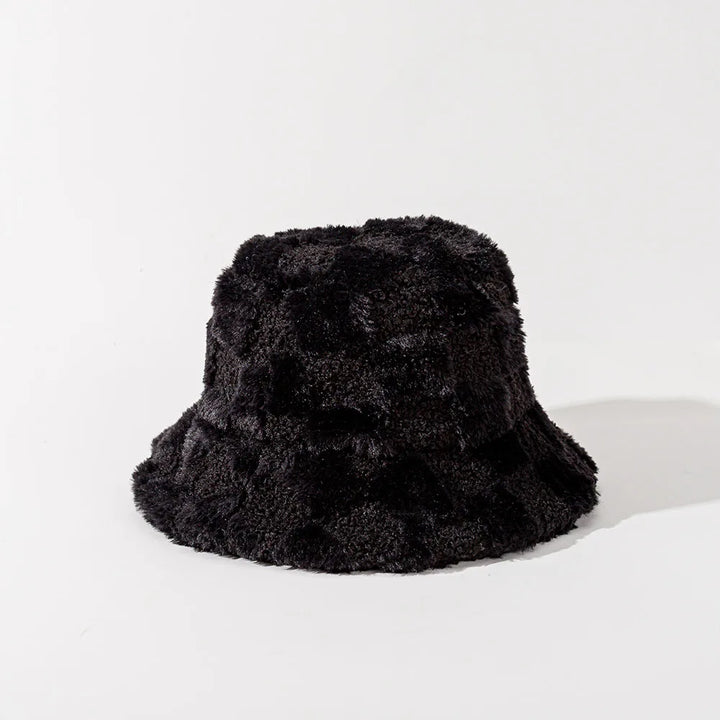 Chic women's checkerboard plush bucket hat, ideal for cold weather fashion.