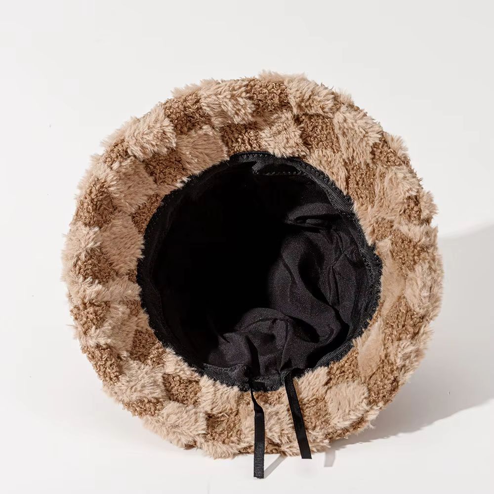 Cozy women's plush checkerboard bucket hat, warm & stylish winter accessory for everyday wear.