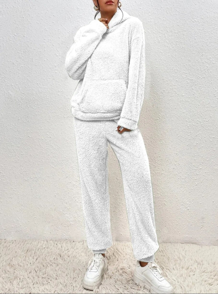 Luxurious feel women's plush loungewear set, a cozy two-piece outfit perfect for home comfort.