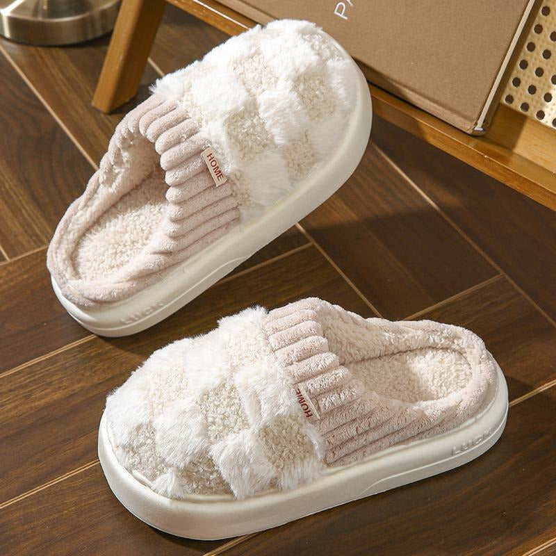 Women's plush indoor slippers in beige, soft and cozy for ultimate home comfort. Easy slip-on house shoes.