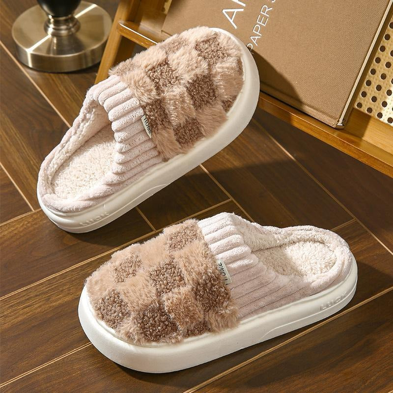 Brown women's cozy plush slippers with an easy slip-on design, perfect for indoor comfort and relaxation.