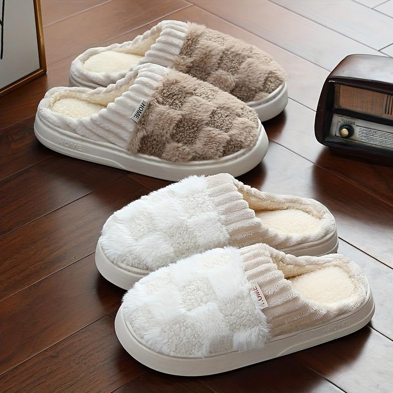 Soft women's plush comfort slippers for indoor wear, providing warmth and coziness. Available in multiple colors.