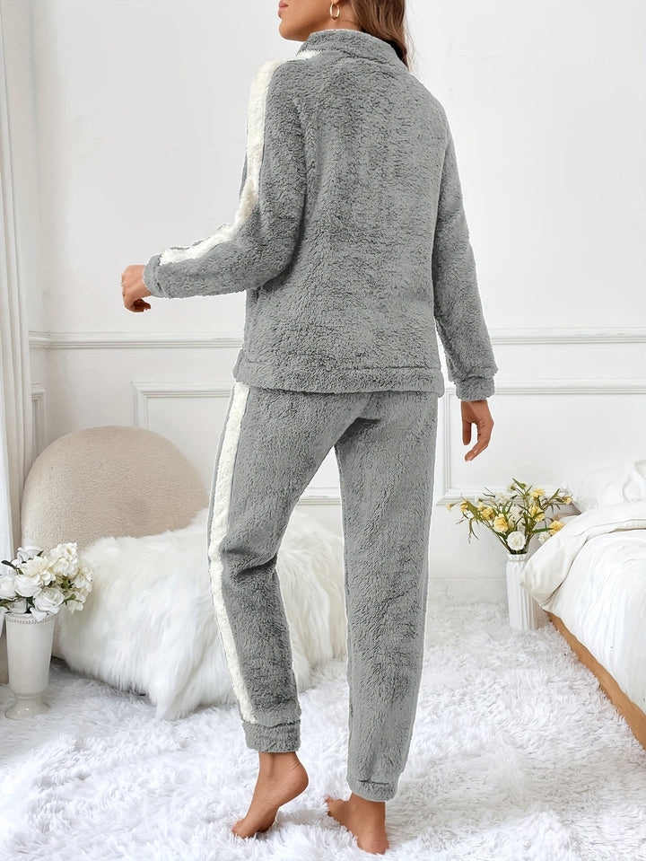 Warm women's plush lounge set, half-zip top & joggers, ultimate cozy winter sleepwear.