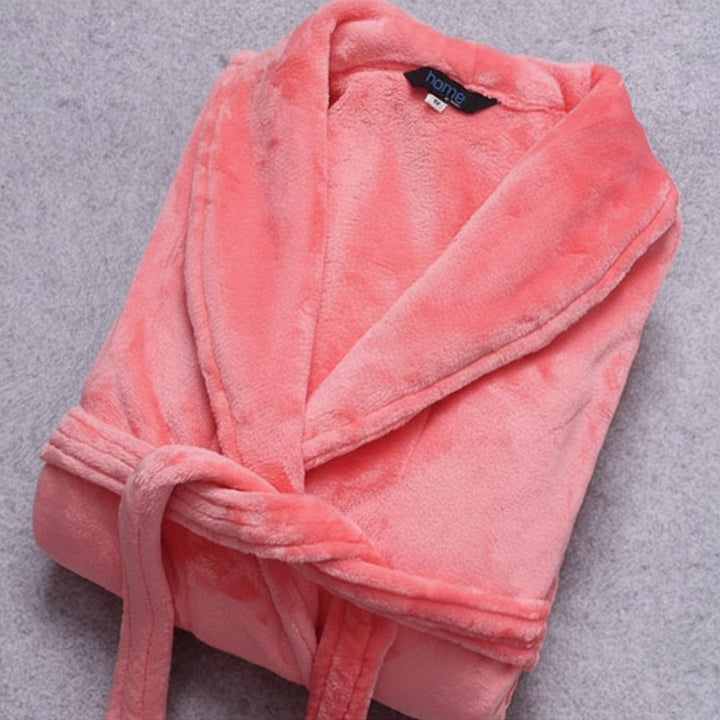 Women's plush winter loungewear robe, cozy & warm with a belt and convenient pockets.