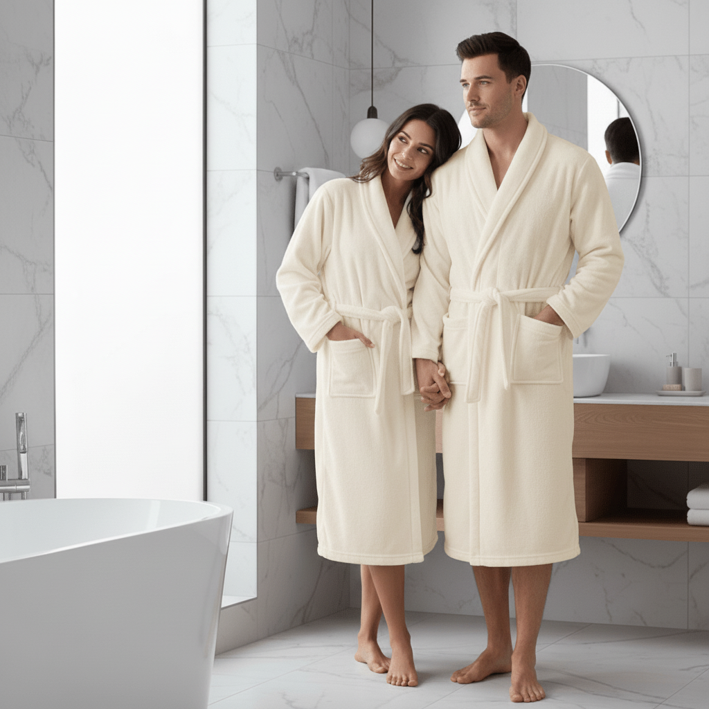 Cozy women's plush bathrobe with belt & pockets, perfect loungewear for winter relaxation.