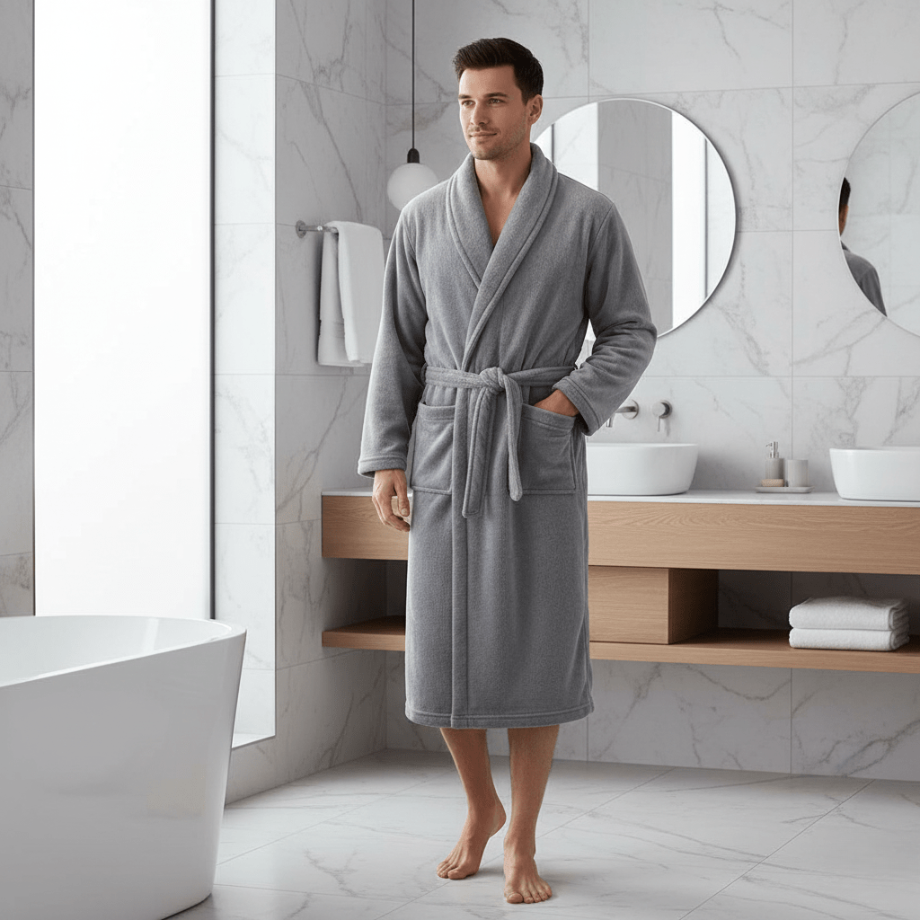 Plush women's winter bathrobe with belt, cozy and warm for home relaxation.