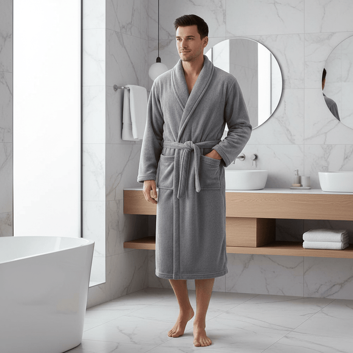 Plush women's winter bathrobe with belt, cozy and warm for home relaxation.