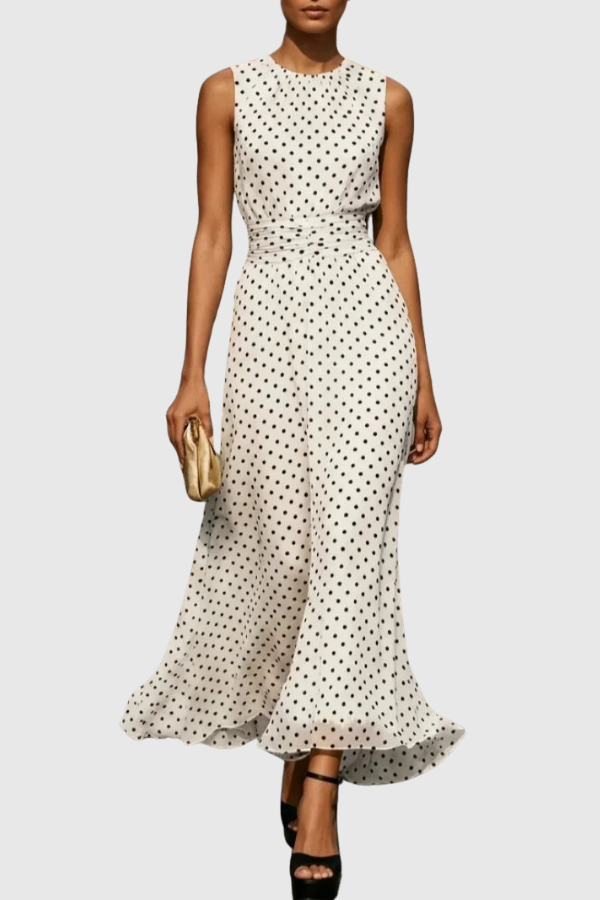 Women's polka dot halter neck keyhole maxi dress with ruffle hem, perfect for elegant summer and vacation wear.