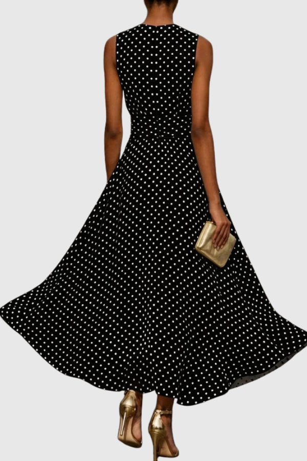 Chic women's polka dot maxi dress. Halter neck, keyhole detail, and ruffle hem. Great for summer, casual, or party.
