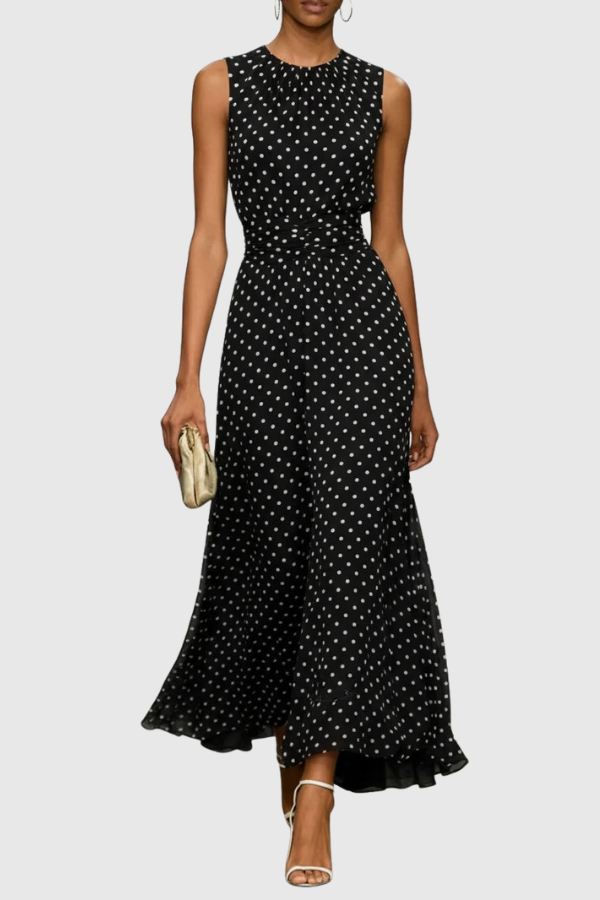 Effortless summer style: women's polka dot maxi dress with halter neckline, keyhole design & tiered ruffle hem. Vacation ready.