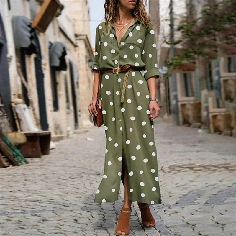 Women's polka dot maxi shirt dress with long sleeves and button-down front, perfect for casual spring or fall fashion.