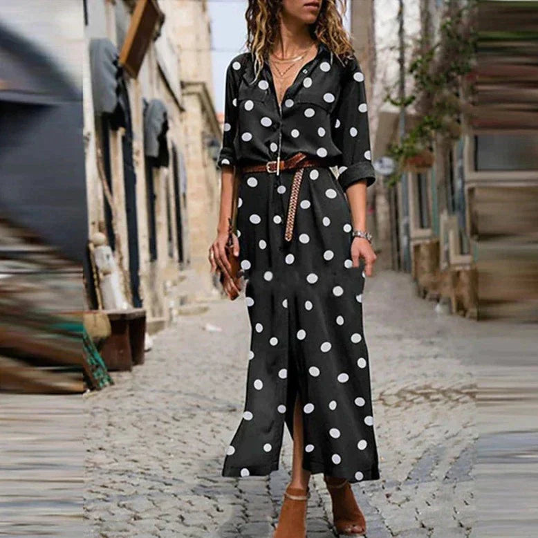 Stylish women's long sleeve polka dot maxi dress, a casual button-down shirt dress with a flattering v-neck.
