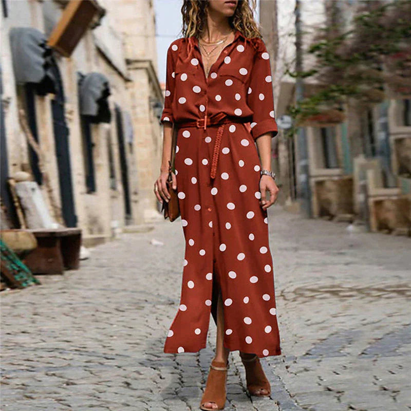 Elegant women's polka dot long sleeve maxi dress. This versatile button-down shirt dress suits fall & spring.