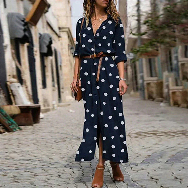 Boho-inspired women's polka dot maxi dress. A comfortable long sleeve button-down shirt dress for everyday wear.