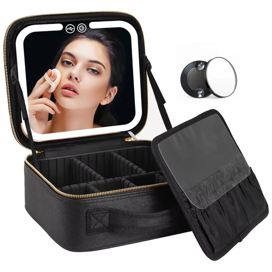 Women's portable LED makeup organizer with attached LED mirror, white, for travel