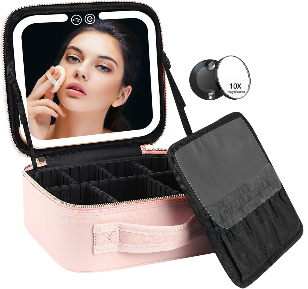 Closed white portable makeup organizer with LED mirror, top handle, ideal for travel