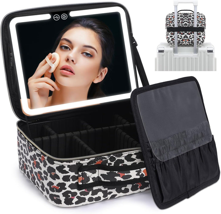 Open LED makeup organizer showing compartments and illuminated mirror, portable beauty case