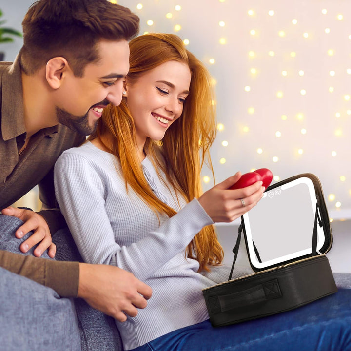 Detail of LED mirror on a portable cosmetic case, bright light for makeup application