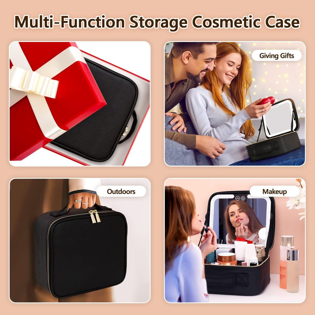 Rechargeable women's travel makeup bag with integrated LED mirror and adjustable partitions