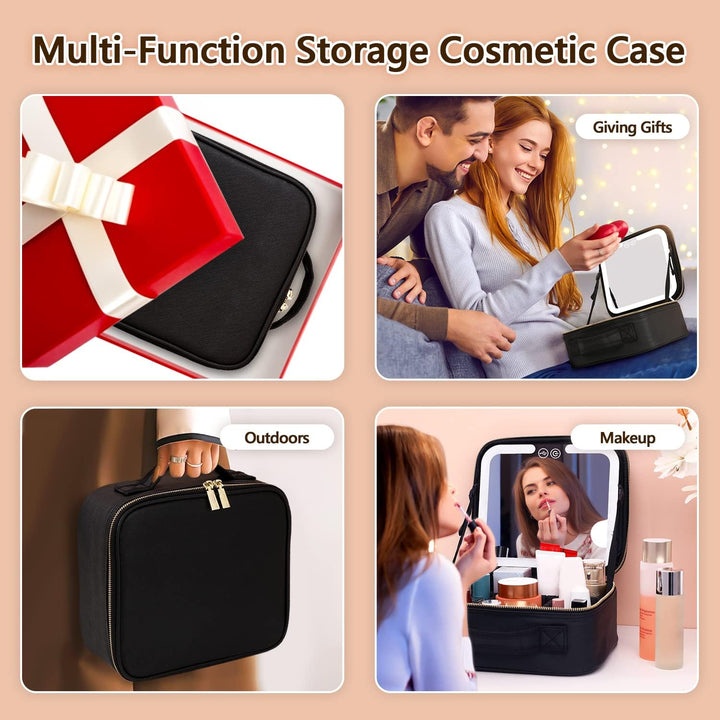 Rechargeable women's travel makeup bag with integrated LED mirror and adjustable partitions