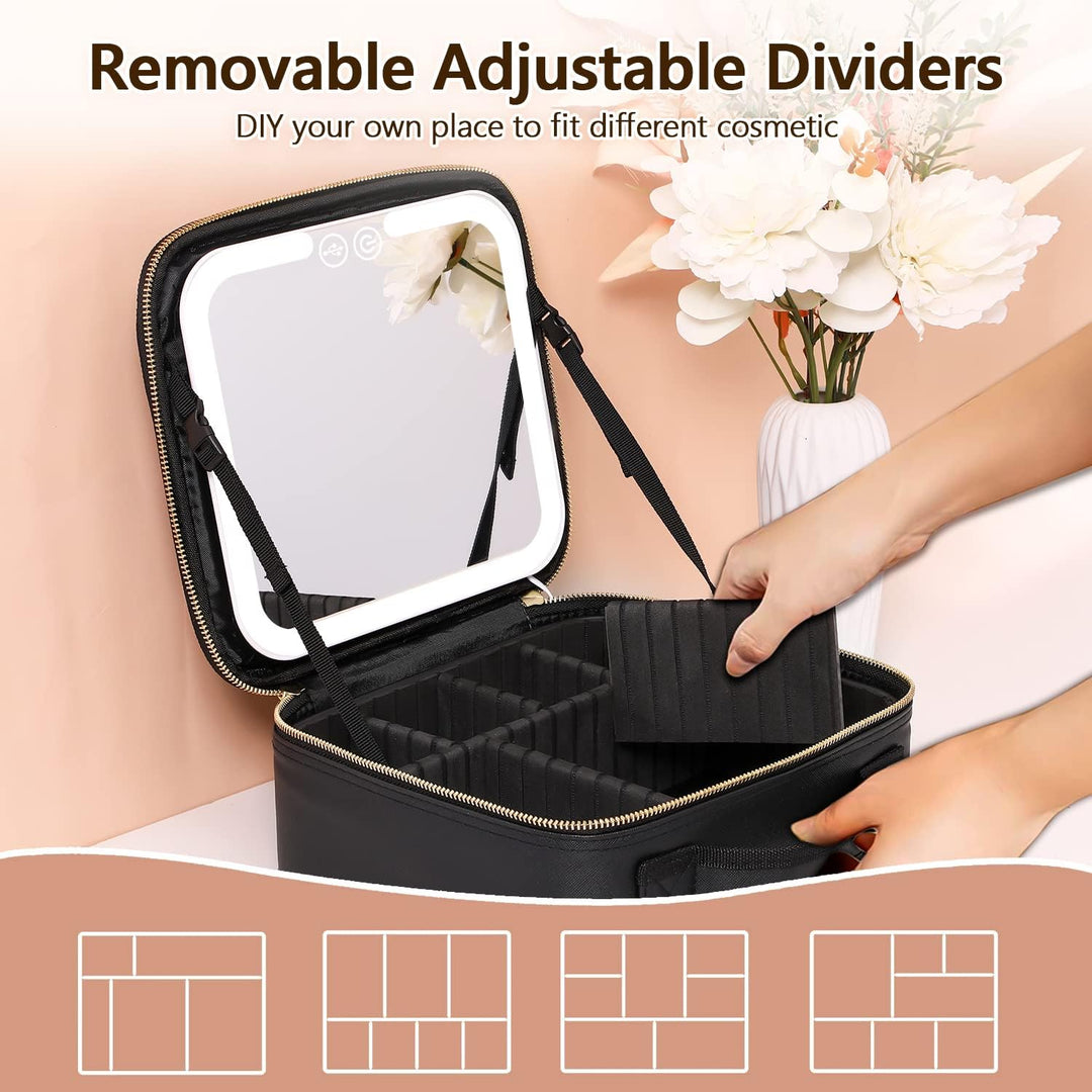 Compact women's makeup organizer with LED mirror and secure latch for easy travel