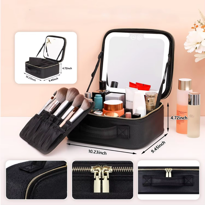 Inside view of a portable LED makeup organizer, organized compartments for cosmetics