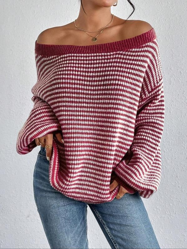 Elegant striped off-shoulder knit sweater for women, comfortable & versatile fashion.