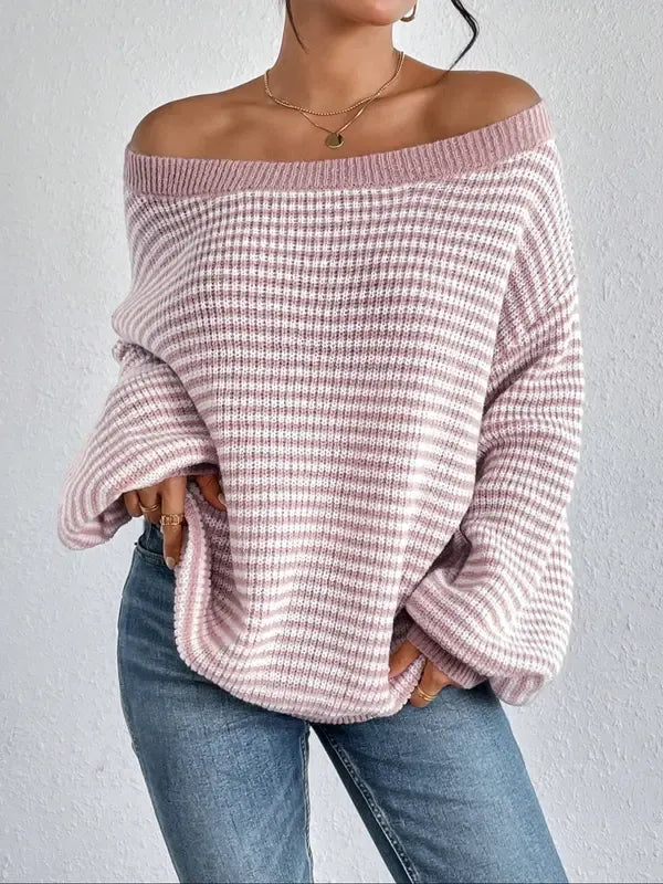 Casual women's off-shoulder sweater, Portofino knit, relaxed fit, long sleeve design.