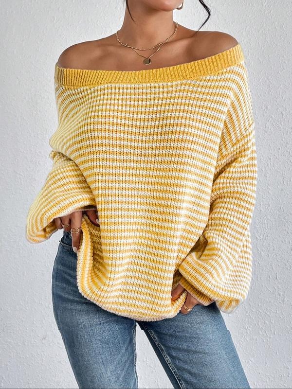Elegant striped knit off-shoulder sweater for women, relaxed fit, versatile fashion.