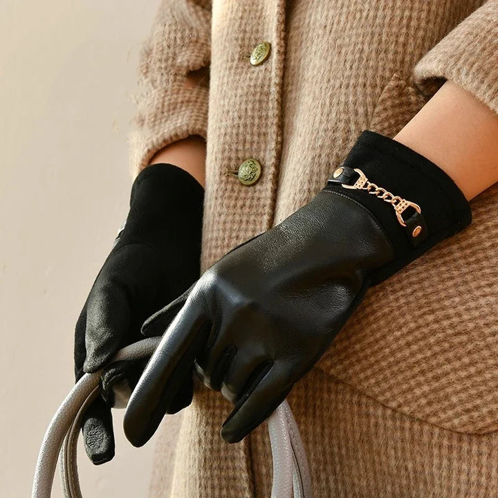 Women's premium black leather gloves with soft cashmere lining for ultimate winter warmth & comfort.