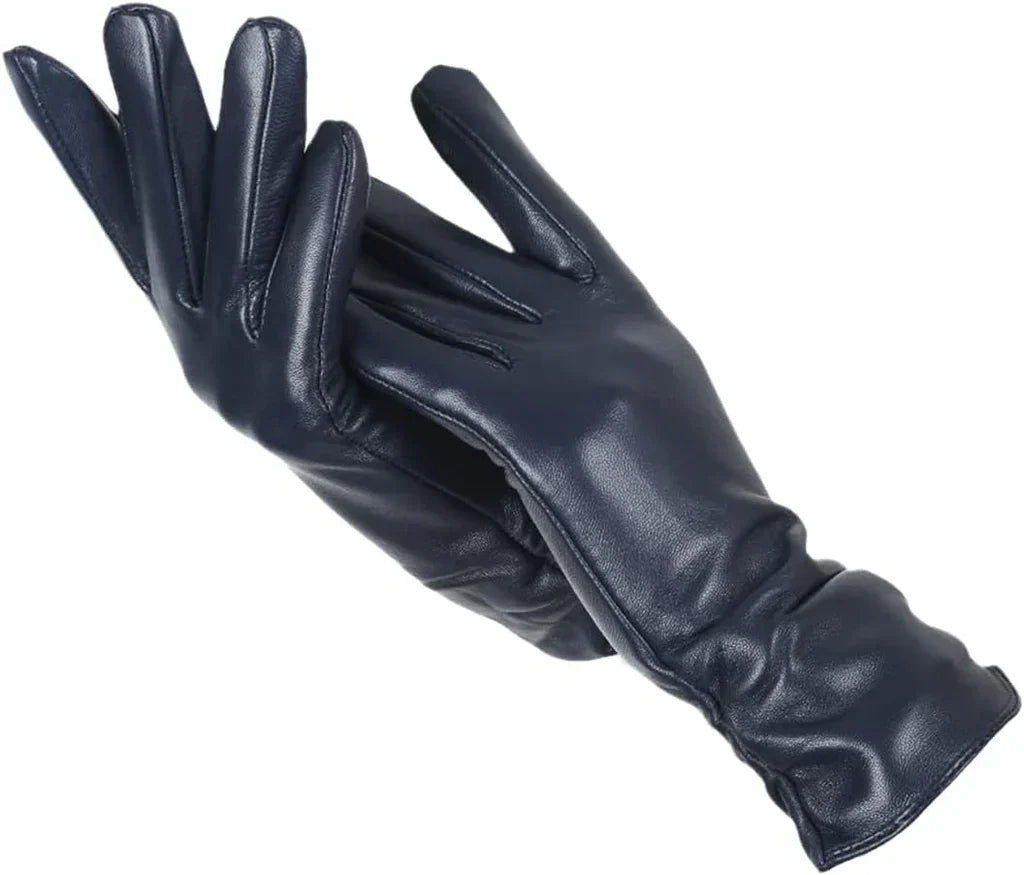 Women's premium black leather winter gloves with snug wool lining, ideal for cold weather