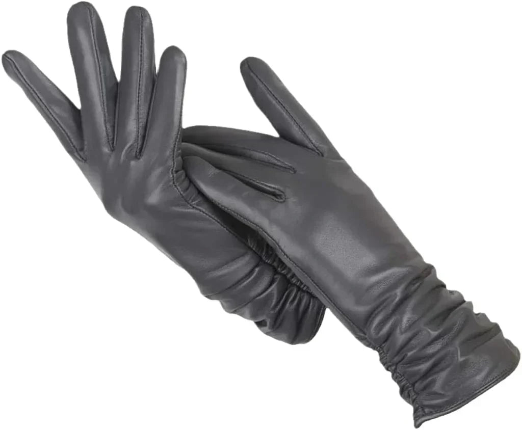 Warm women's outerwear leather gloves, featuring a cozy wool lining for winter protection