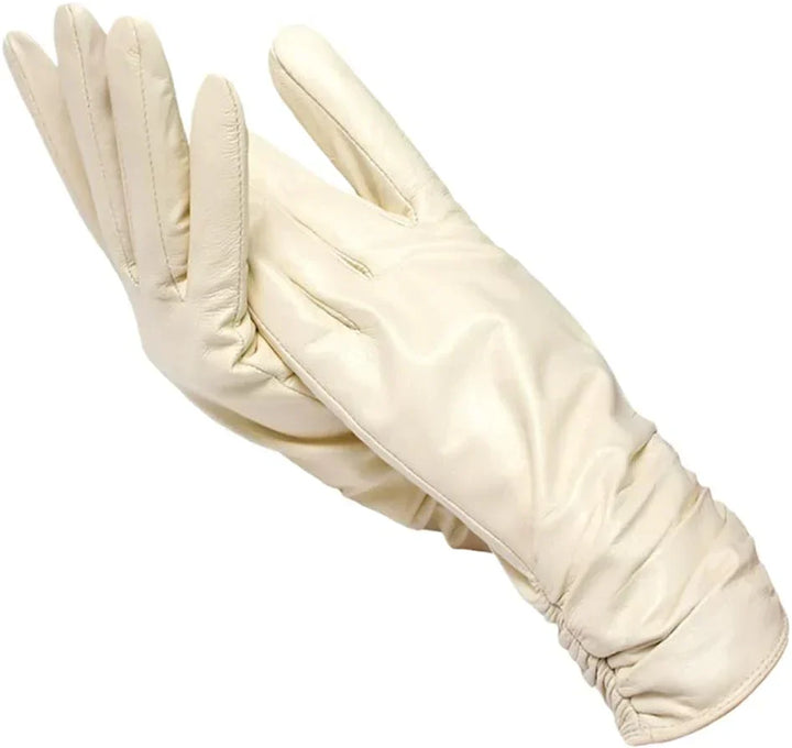 Fashionable women's black leather gloves with wool lining, essential for fall and winter outfits