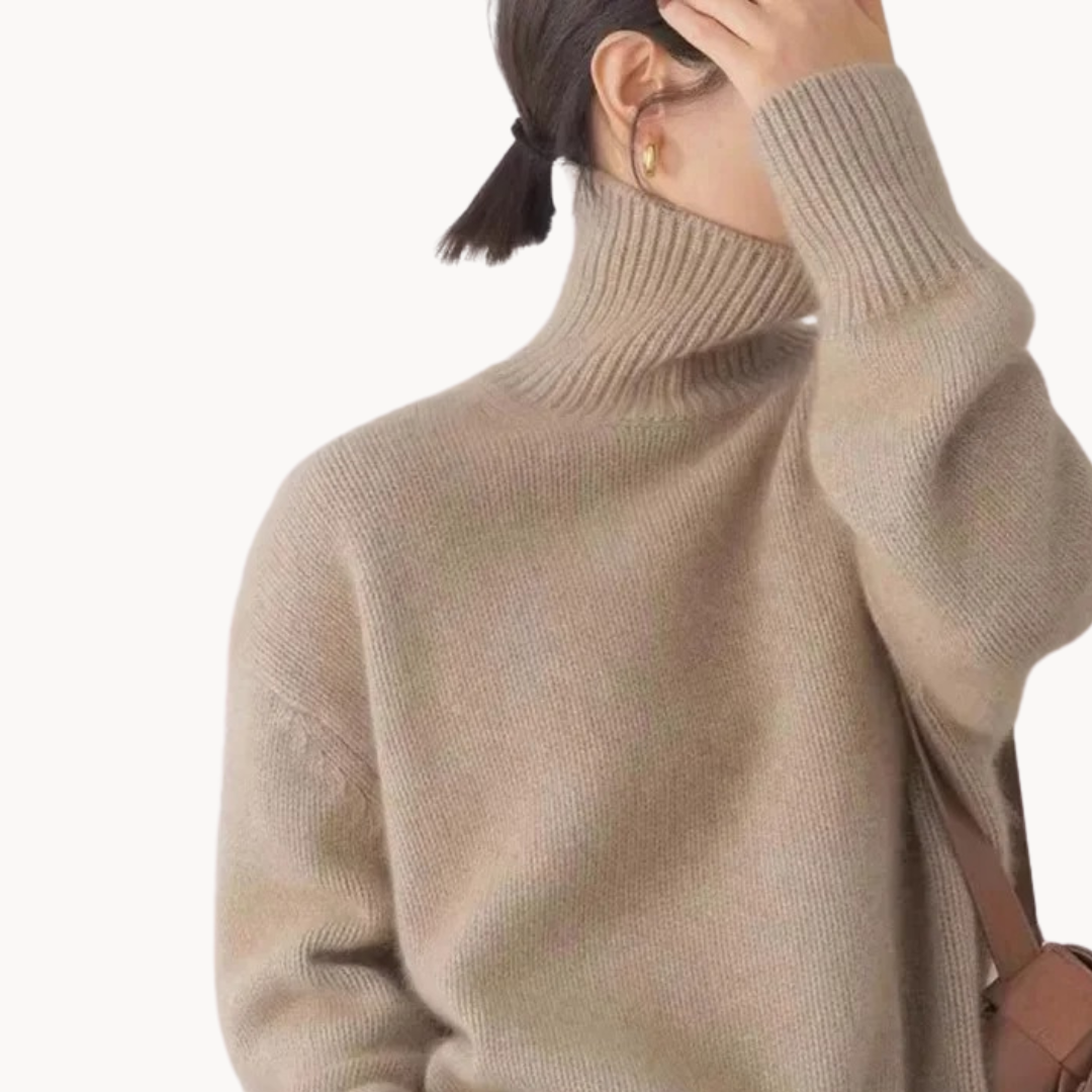 Premium women's cozy knit turtleneck sweater. High-quality knitwear offering luxurious comfort & winter style.