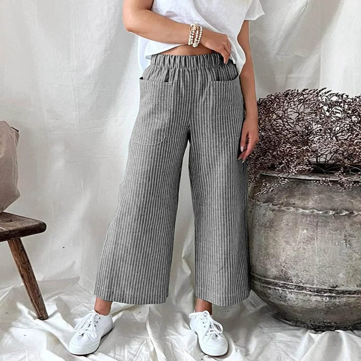 Sophia women's linen trousers, breathable, eco-friendly, and perfect for relaxed summer fashion.