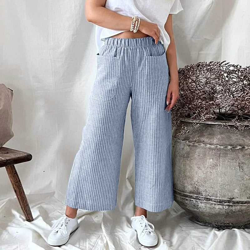Breathable women's linen summer pants, offering comfort and a chic, relaxed fit for casual wear.