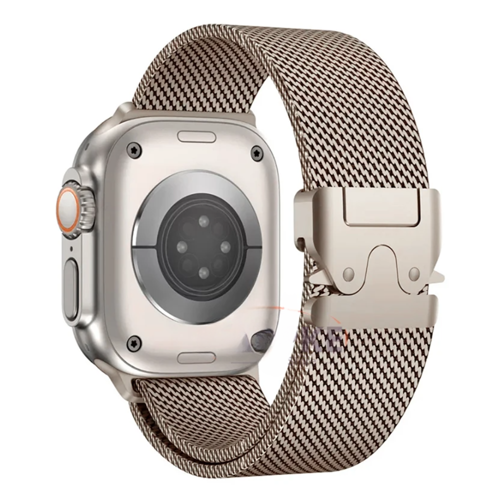 Women's premium stainless steel smartwatch band, sleek metal mesh design for a stylish look.