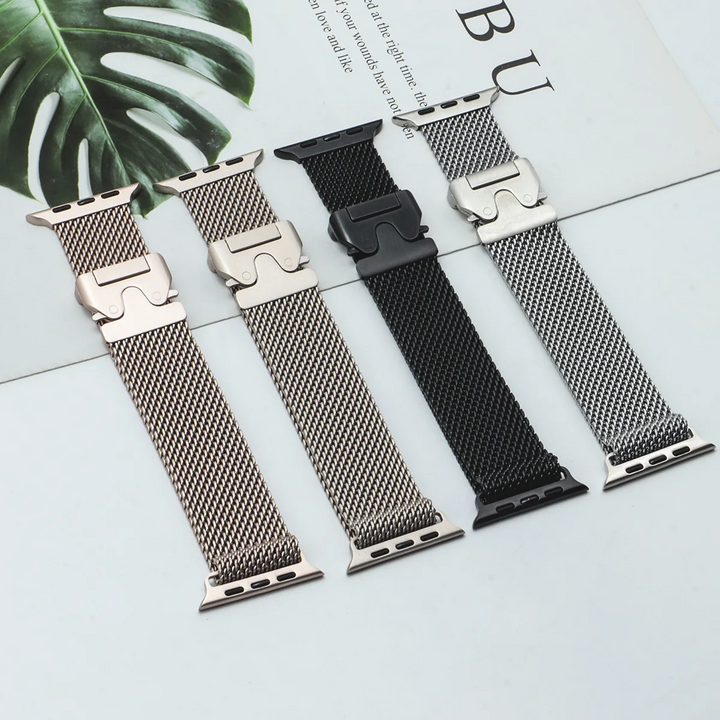 Sleek stainless steel women's smartwatch band, a durable and elegant metal mesh accessory.