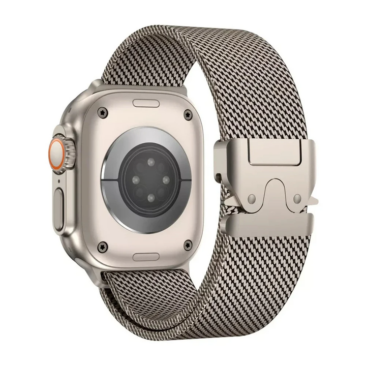 Durable women's stainless steel smartwatch band, sleek metal mesh design accessory for smartwatches.
