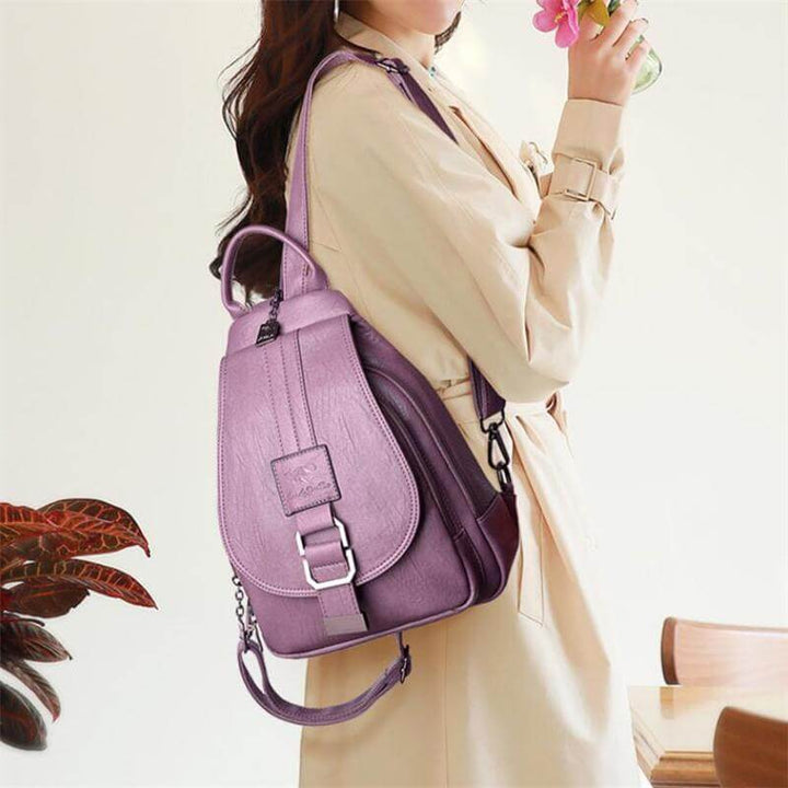 Premium water-resistant sheepskin leather backpack for women, showcasing its luxurious feel.