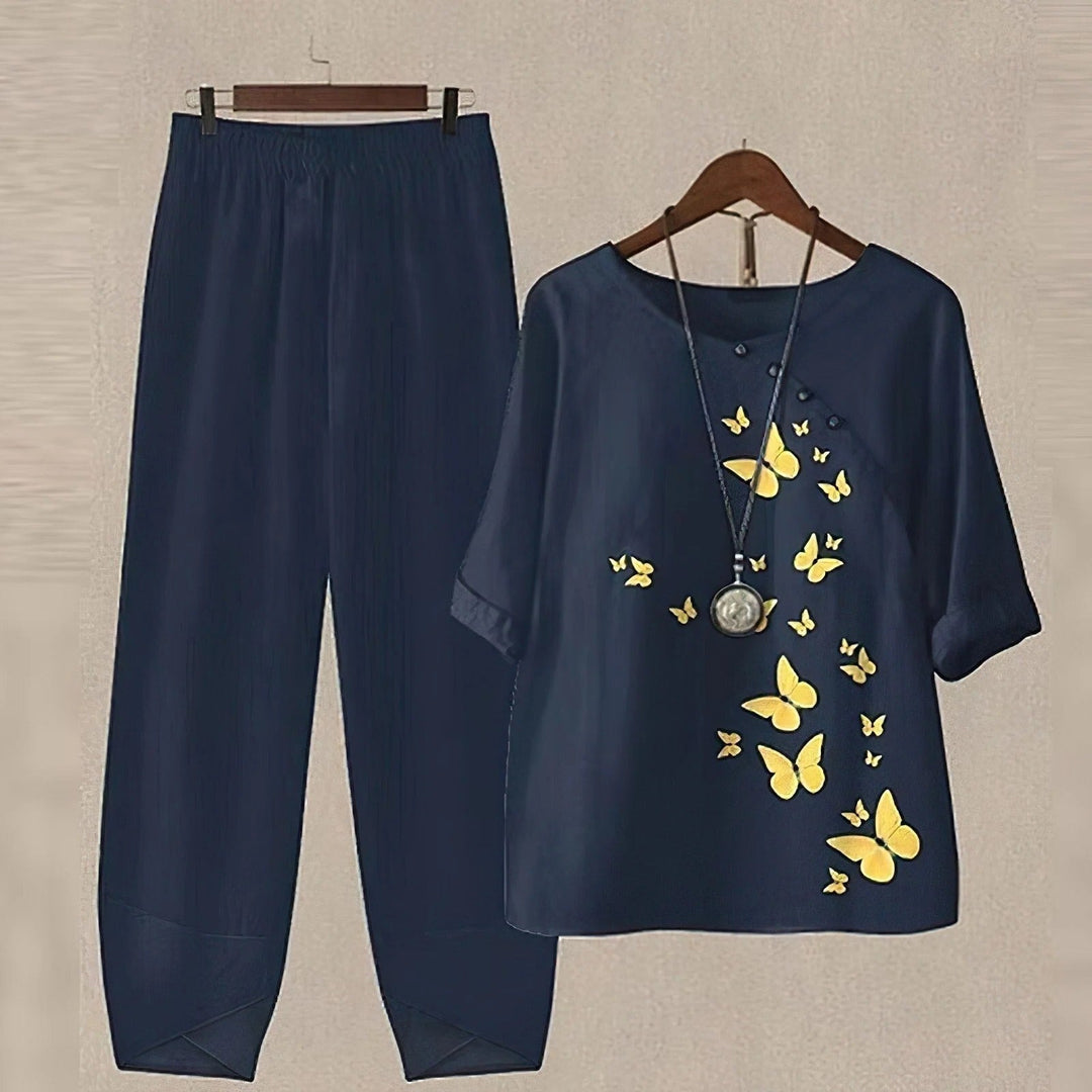 Versatile women's printed blouse pants set, an elegant two-piece ensemble suitable for various summer events.