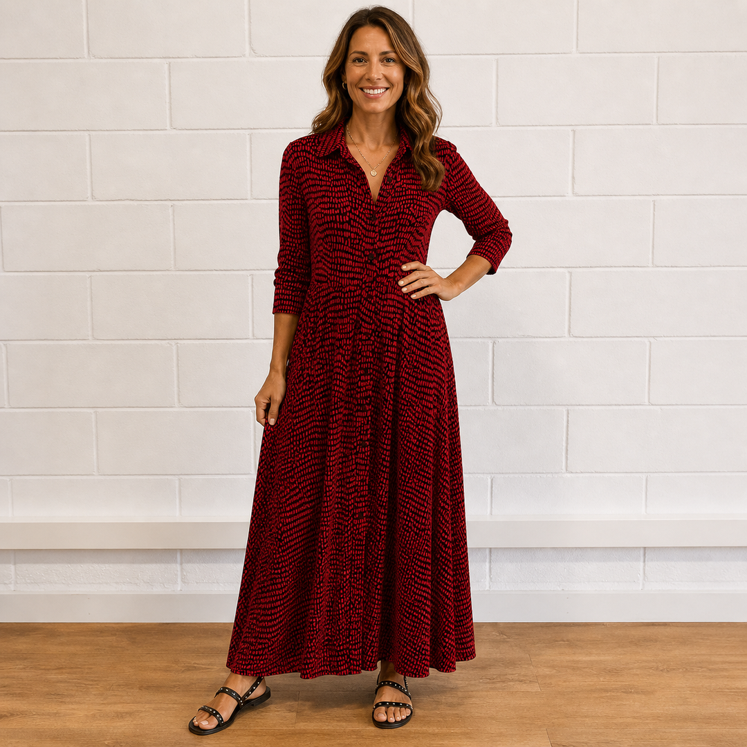 Stylish women's printed maxi dress with long sleeves & button-front. Casual yet elegant day-to-evening fashion.
