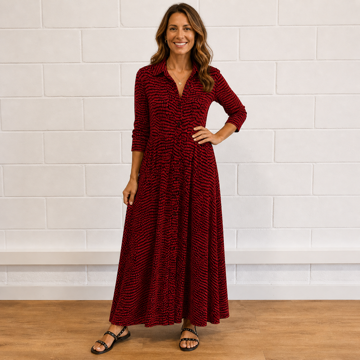 Stylish women's printed maxi dress with long sleeves & button-front. Casual yet elegant day-to-evening fashion.