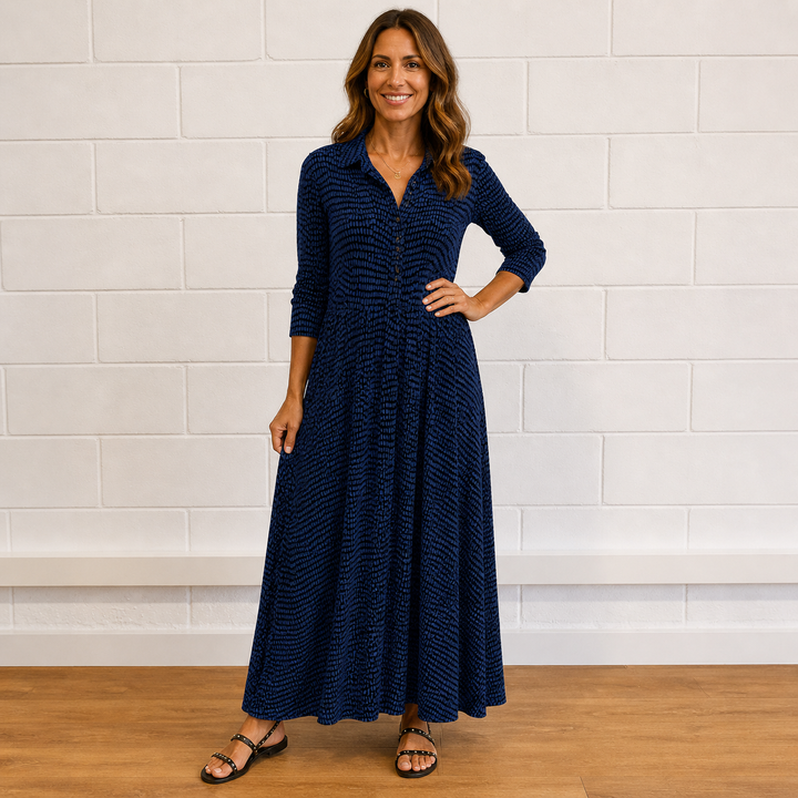 Collared women's printed long sleeve maxi dress with button front. Comfortable & chic for any casual or elegant occasion.