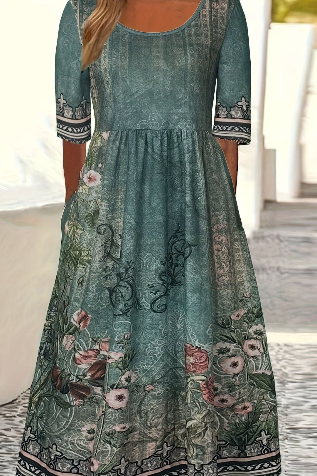 Flowy women's midi dress with an elegant print, perfect for versatile everyday summer fashion.
