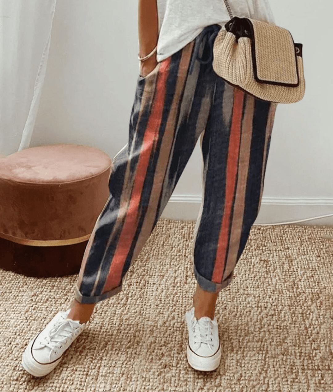 Women's printed trousers with a flattering, relaxed fit & adjustable waist, ideal for casual everyday wear.