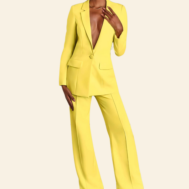 Women's professional business suit set with a tailored blazer & high-waisted wide leg pants for office wear.