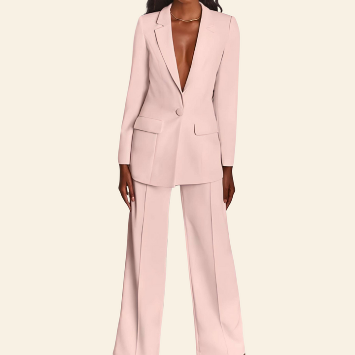 Elegant women's two-piece suit: stylish blazer & flowy wide leg trousers, perfect for career fashion & work.