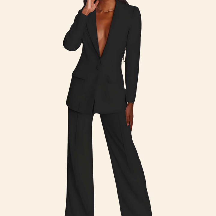 Complete women's business suit set: classic professional blazer & modern wide leg trousers for a chic work look.