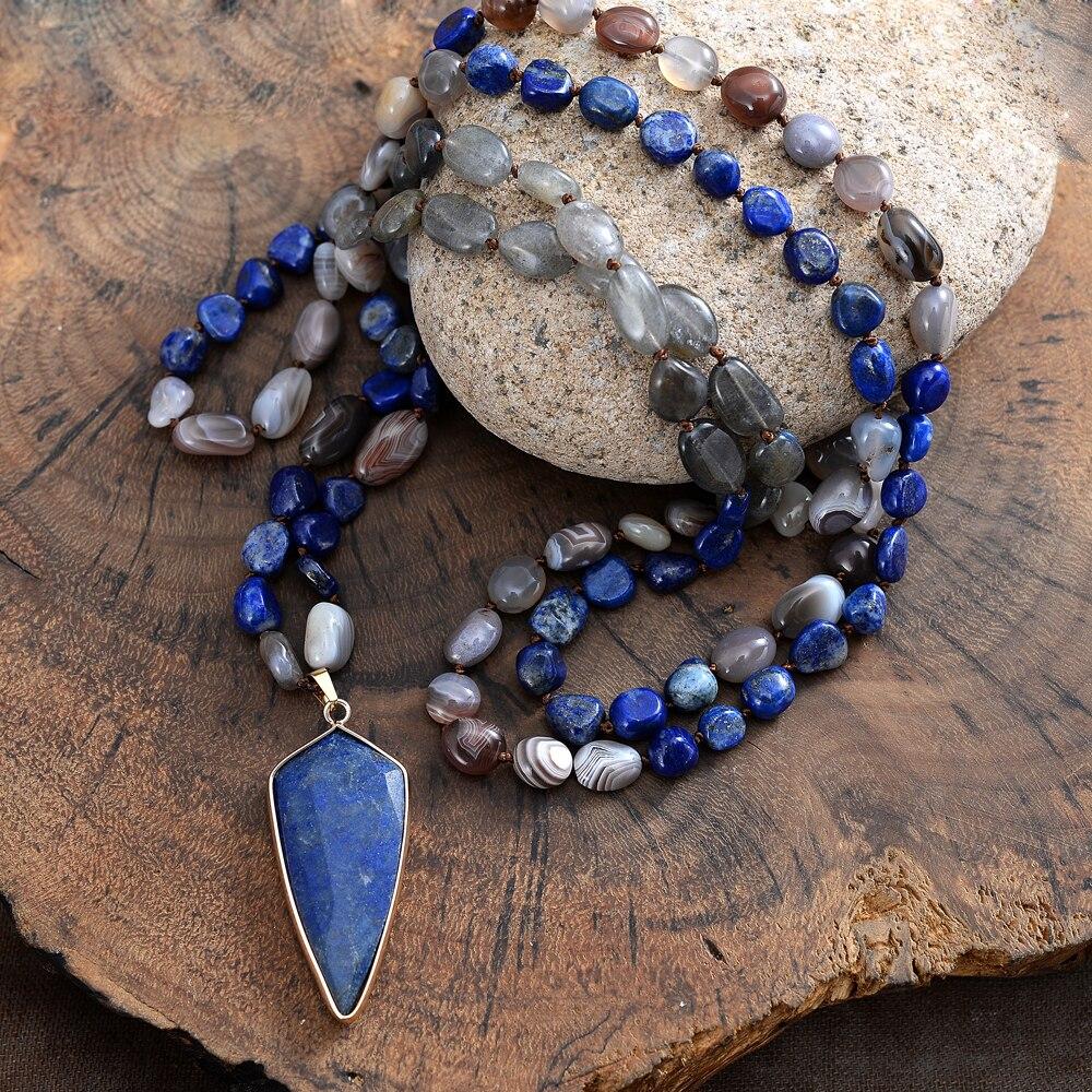 Women's Protective Aurealis Mala Necklace with Lapis, Labradorite, & Agate beads, perfect for spiritual healing & meditation.